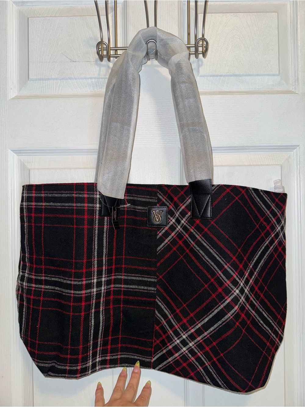 Victoria's Secret Black Plaid Tote with Red and Gray Accents